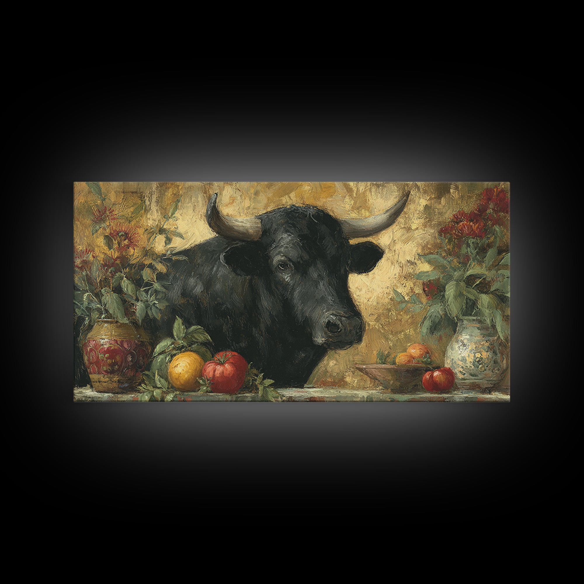 Steakhouse Black and Gold Bull Portrait Framed Canvas Print, Restaurant Art, Boho Decor, Restaurant Decor, Fine Art, Bistro, RES-2x1-27
