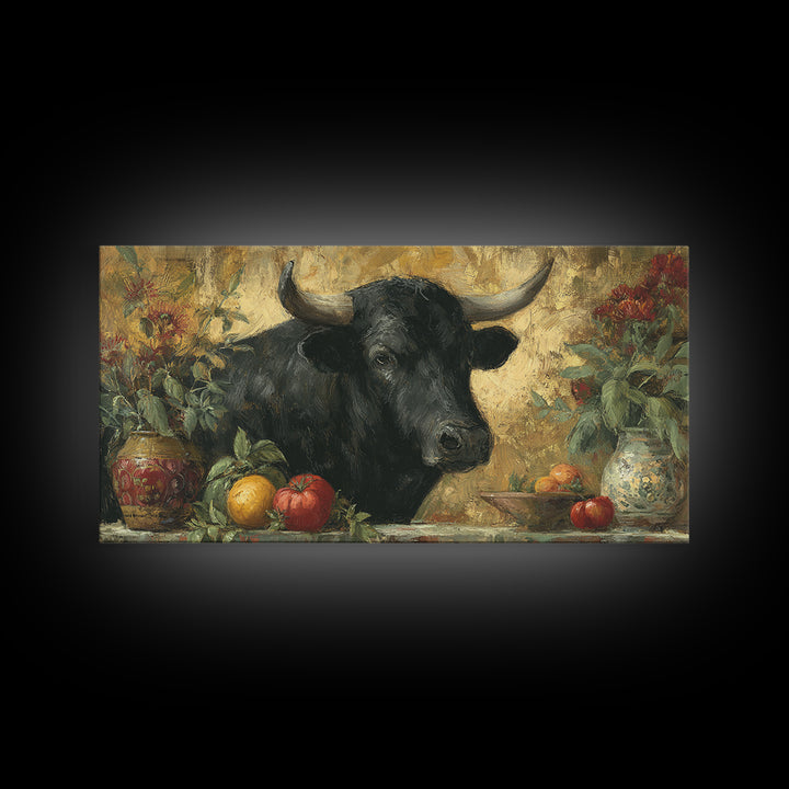 Steakhouse Black and Gold Bull Portrait Framed Canvas Print, Restaurant Art, Boho Decor, Restaurant Decor, Fine Art, Bistro, RES-2x1-27