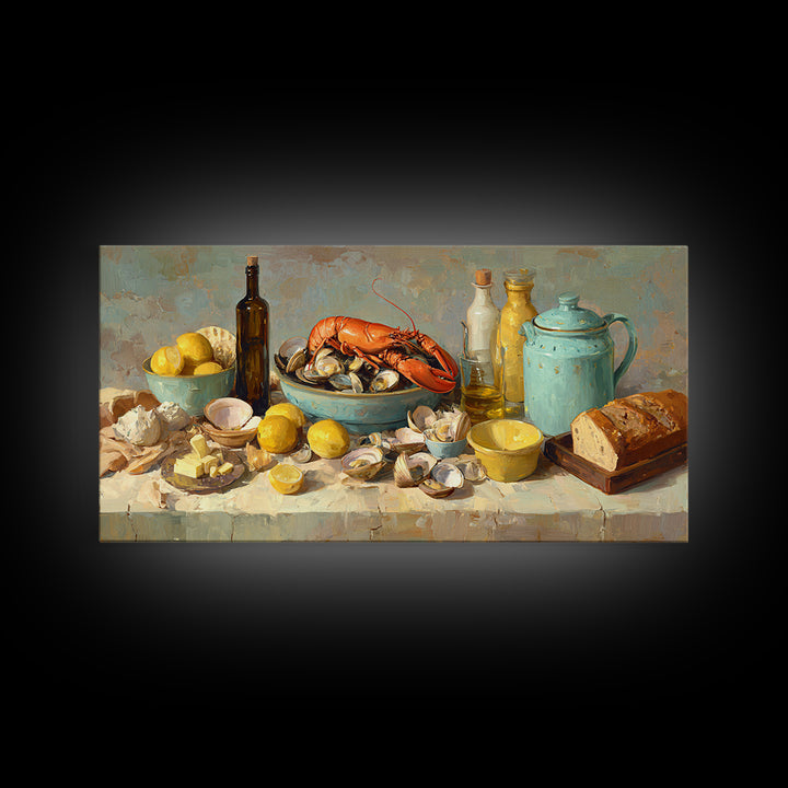 Seafood Lobster and Shell Arrangement Framed Canvas Print, Restaurant Art, Contemporary Art, Restaurant Decor, Fine Art, Bistro, RES-2x1-28