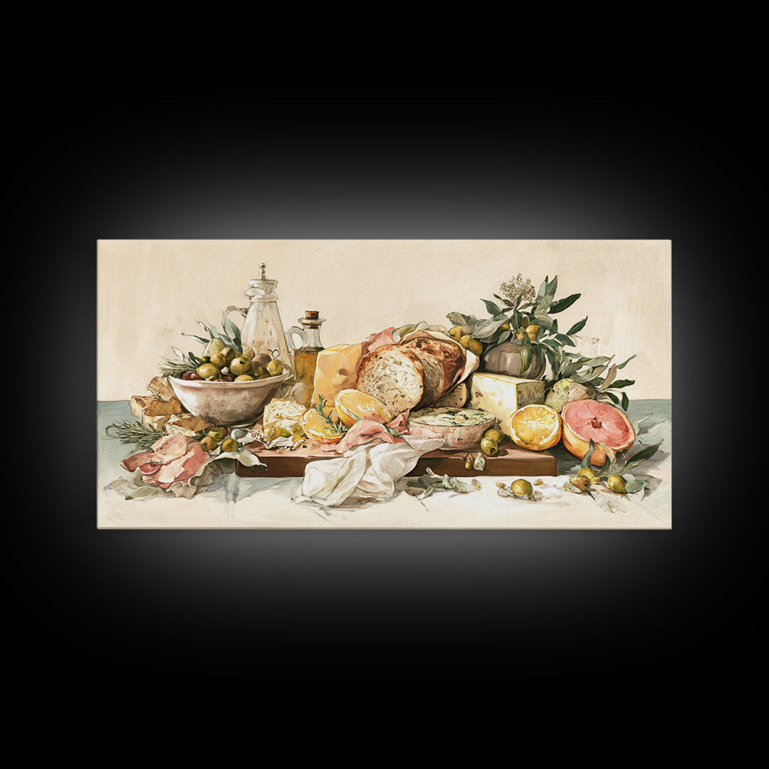 Mediterranean Olives Bread and Cheese Board Canvas Print, Restaurant Art, Framed Wall Art, Restaurant Decor, Bistro, Food Art, RES-2x1-29