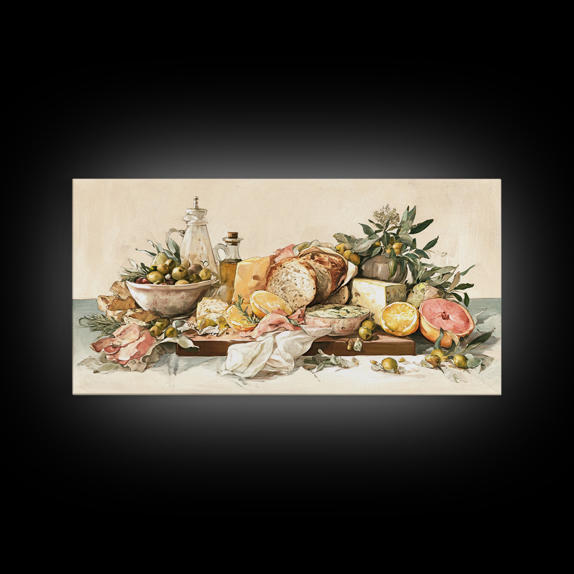 Mediterranean Olives Bread and Cheese Board Canvas Print, Restaurant Art, Framed Wall Art, Restaurant Decor, Bistro, Food Art, RES-2x1-29