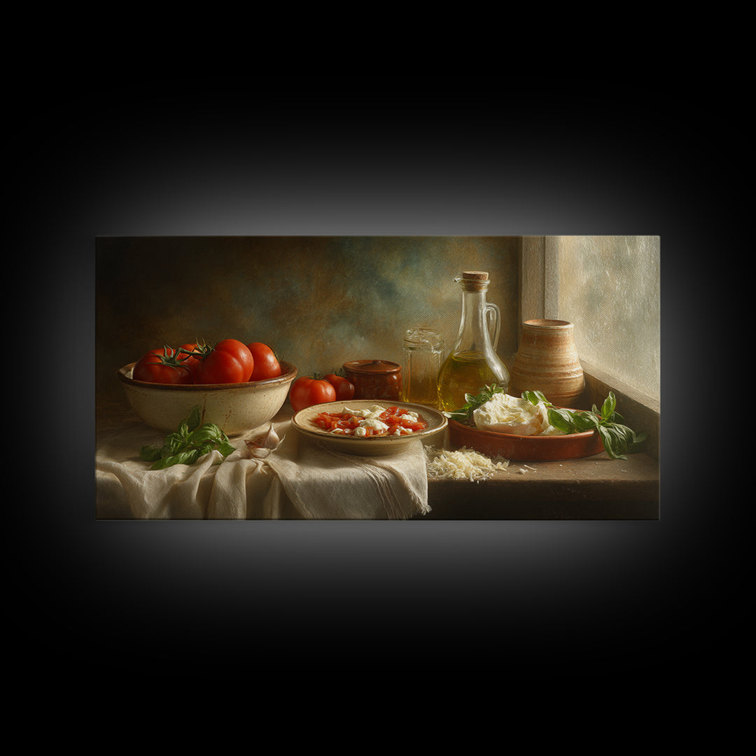Pizzeria Tomato Basil and Mozzarella Still Life Canvas Print, Restaurant Art, Minimalist Decor, Restaurant Decor, Bistro, RES-2x1-30