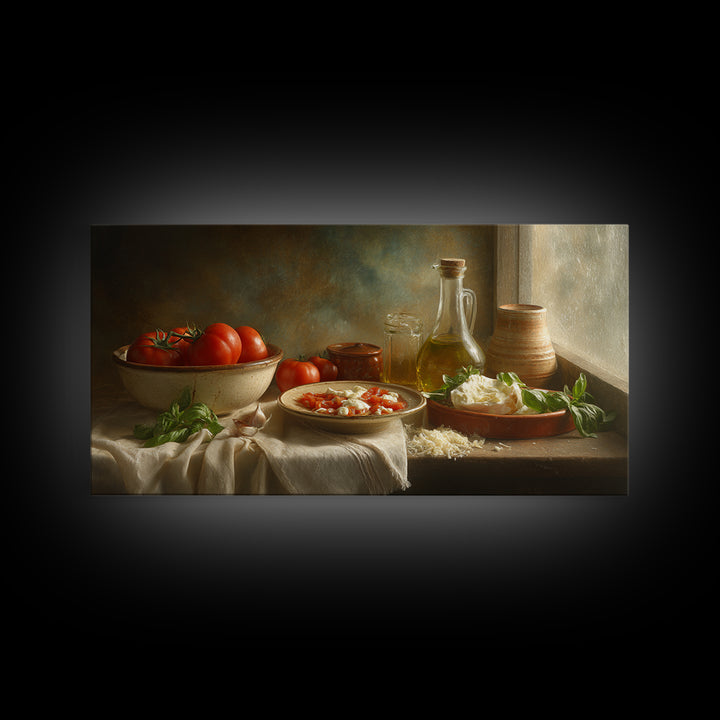 Pizzeria Tomato Basil and Mozzarella Still Life Canvas Print, Restaurant Art, Minimalist Decor, Restaurant Decor, Bistro, RES-2x1-30
