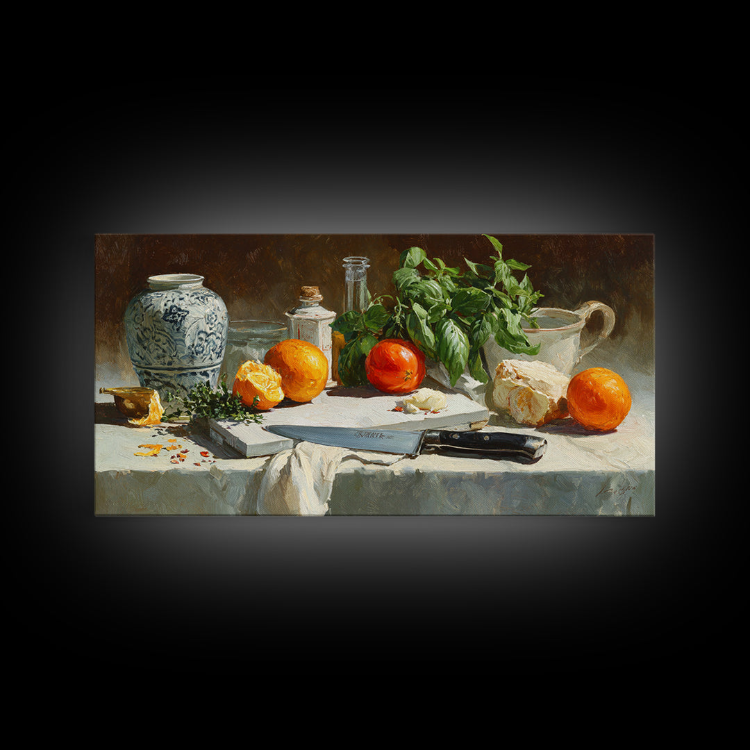 Chef Knife Herbs and Cutting Board Still Framed Canvas Print, Restaurant Art, Art Print, Restaurant Decor, Fine Art, Bistro, RES-2x1-33