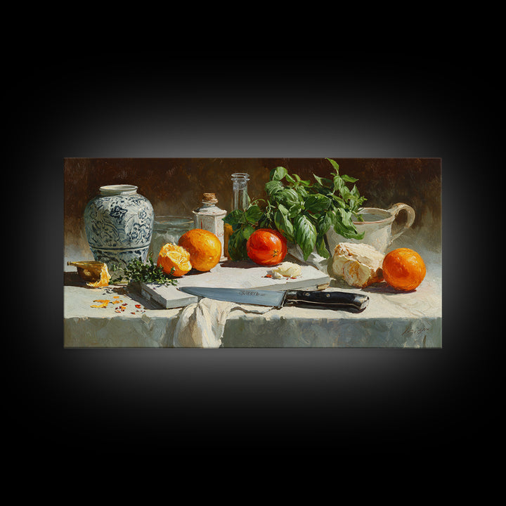 Chef Knife Herbs and Cutting Board Still Framed Canvas Print, Restaurant Art, Art Print, Restaurant Decor, Fine Art, Bistro, RES-2x1-33