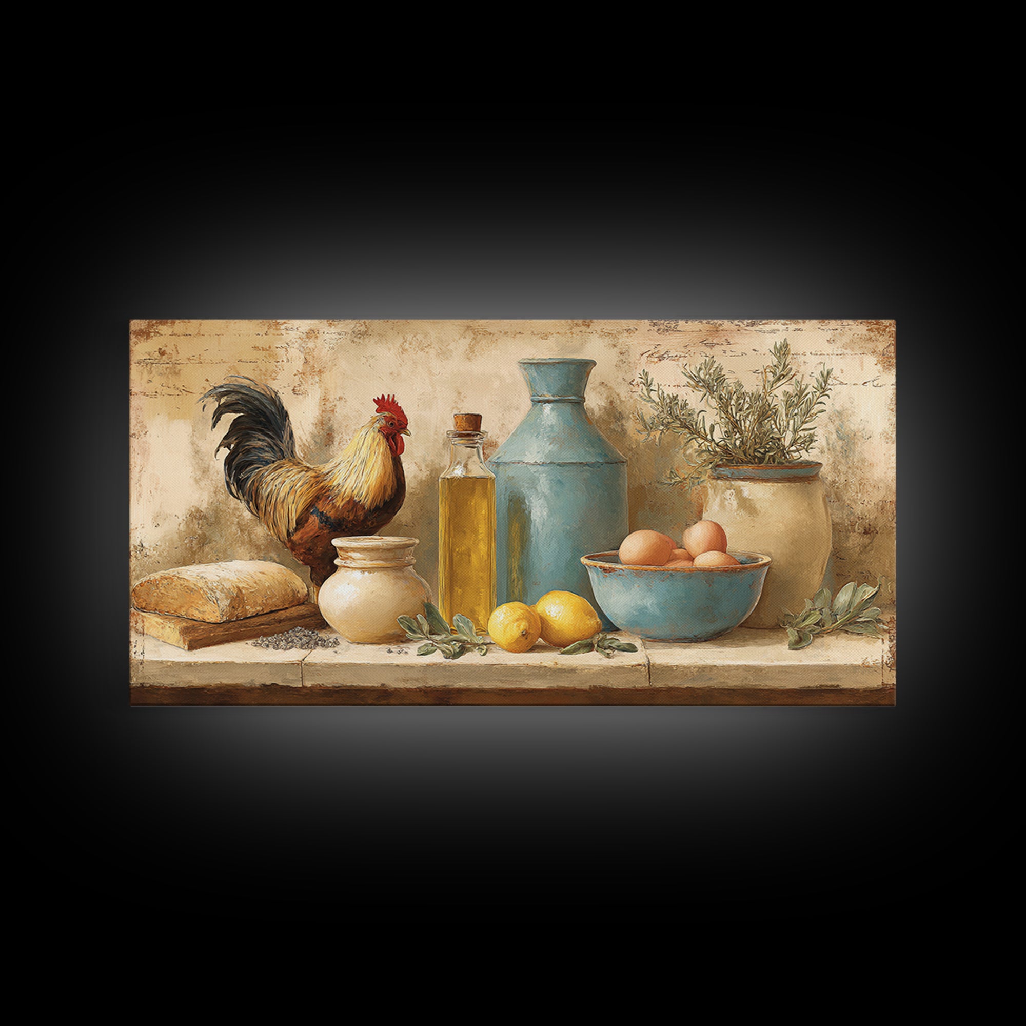 Rooster and Herbs for Farmhouse Restaurant Mood Framed Canvas Print, Restaurant Art, Poster, Restaurant Decor, Fine Art, Bistro, RES-2x1-40
