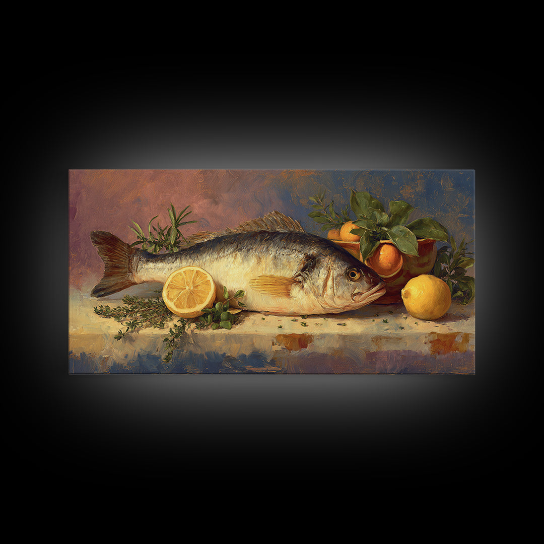 Fresh Fish with Lemon and Herbs Framed Canvas Print, Restaurant Art, Large Wall Art, Restaurant Decor, Fine Art, Bistro, RES-2x1-43