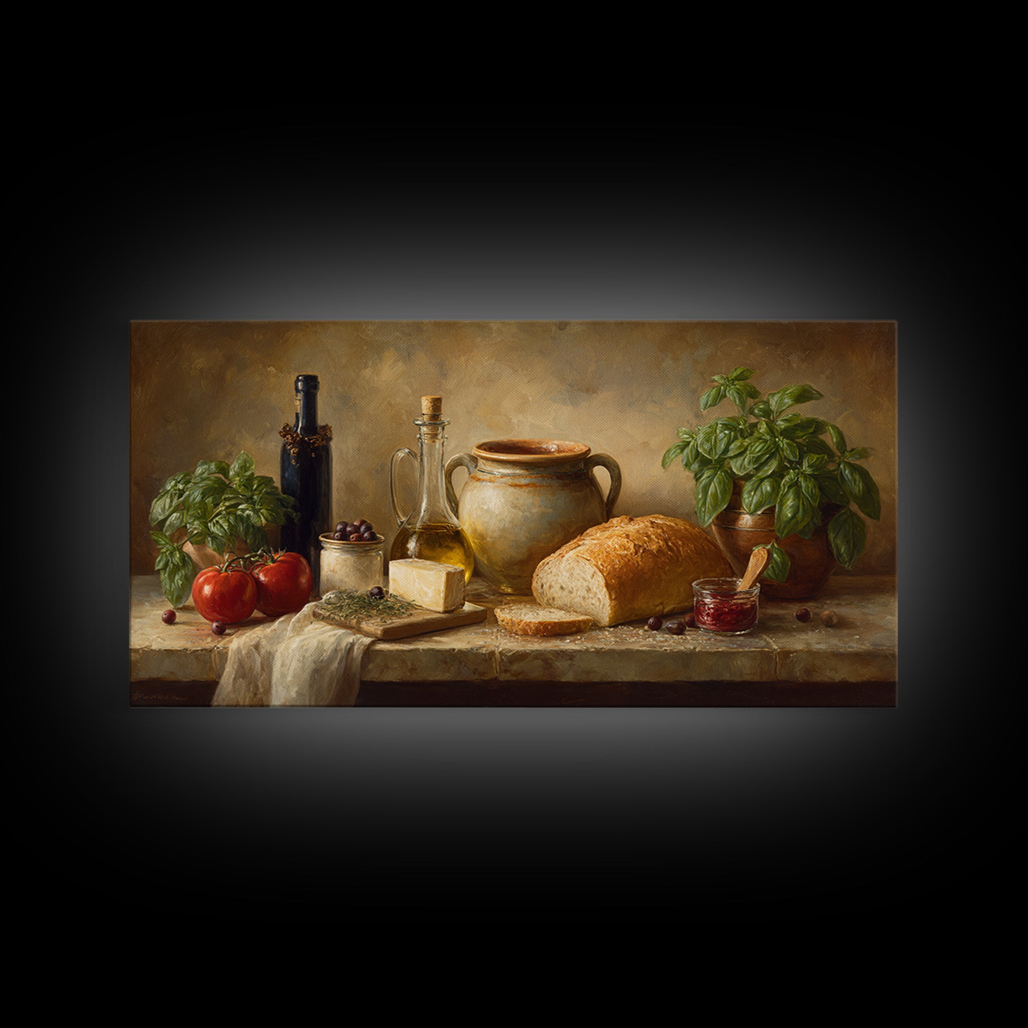 Mediterranean Olives Bread and Cheese Board Canvas Print, Restaurant Art, Framed Wall Art, Restaurant Decor, Bistro, Food Art, RES-2x1-5
