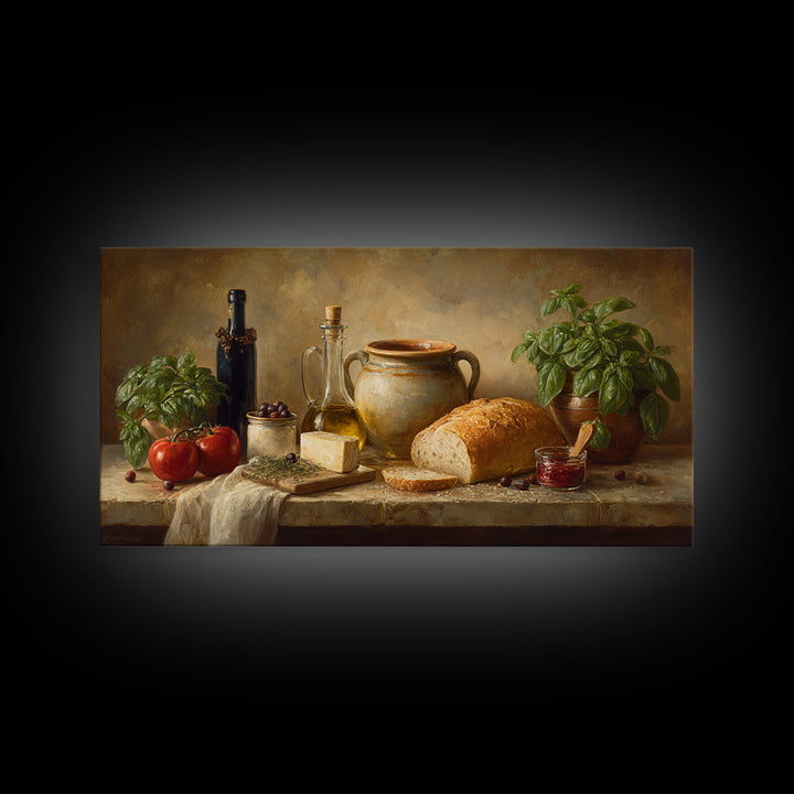 Mediterranean Olives Bread and Cheese Board Canvas Print, Restaurant Art, Framed Wall Art, Restaurant Decor, Bistro, Food Art, RES-2x1-5