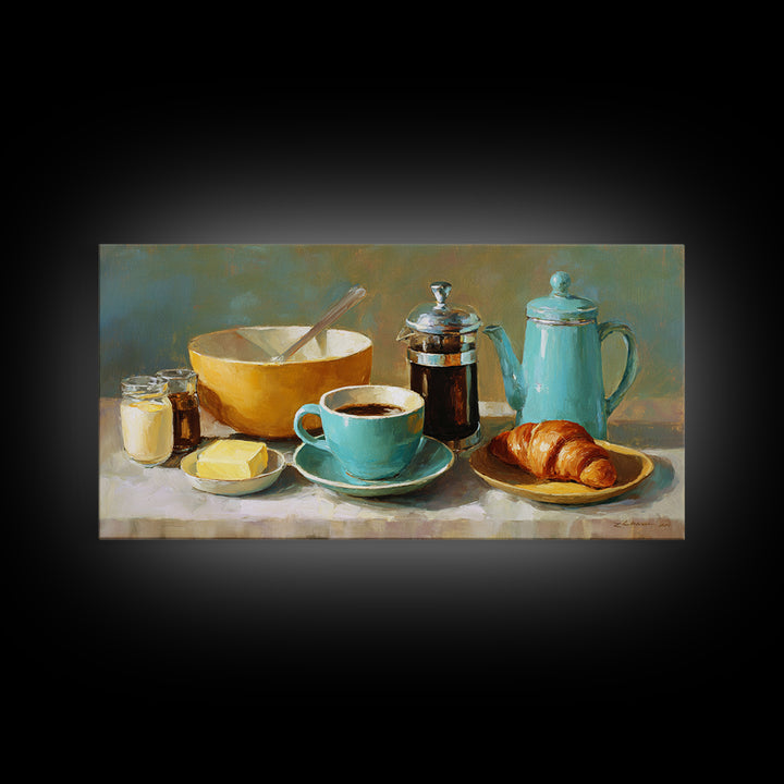 French Bistro Coffee and Croissant Still Life Framed Canvas Print, Restaurant Art, Wall Decor, Restaurant Decor, Bistro, RES-2x1-50