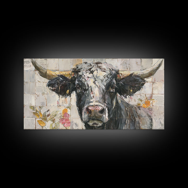 Steakhouse Black and Gold Bull Portrait Framed Canvas Print, Restaurant Art, Farmhouse Decor, Restaurant Decor, Bistro, RES-2x1-51