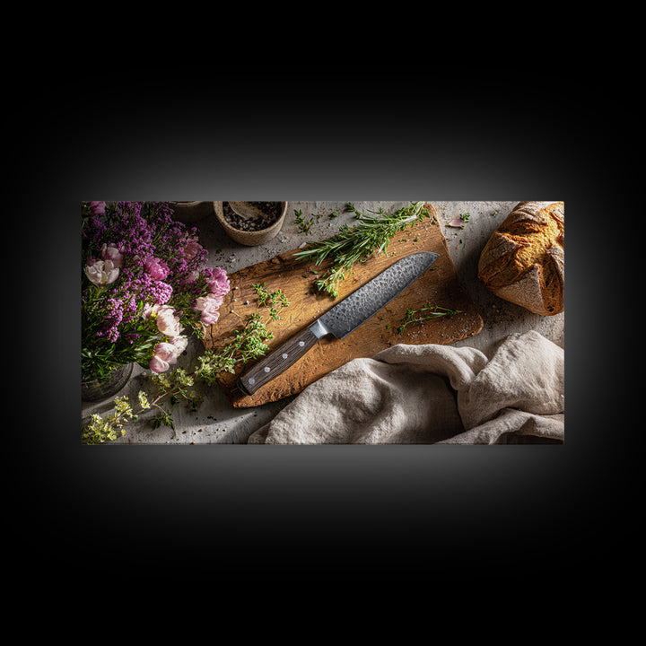 Chef Knife Herbs and Cutting Board Still Canvas Print, Restaurant Art, Canvas Wall Art, Restaurant Decor, Fine Art, Bistro, RES-2x1-57