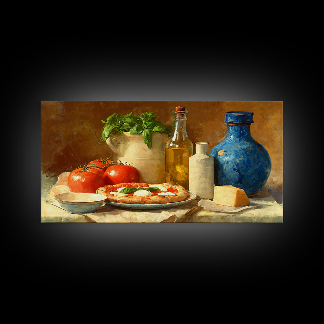 Pizzeria Tomato Basil and Mozzarella Still Life Canvas Print, Restaurant Art, Minimalist Decor, Restaurant Decor, Bistro, RES-2x1-6