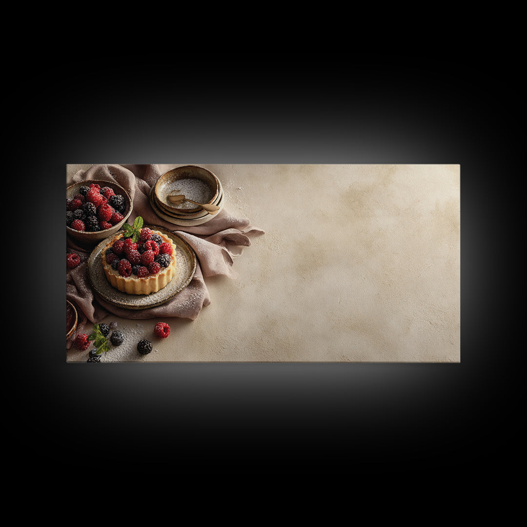 Dessert Tart with Berries and Cream Framed Canvas Print, Restaurant Art, Restaurant Decor, Oil Painting, Bistro, RES-2x1-60