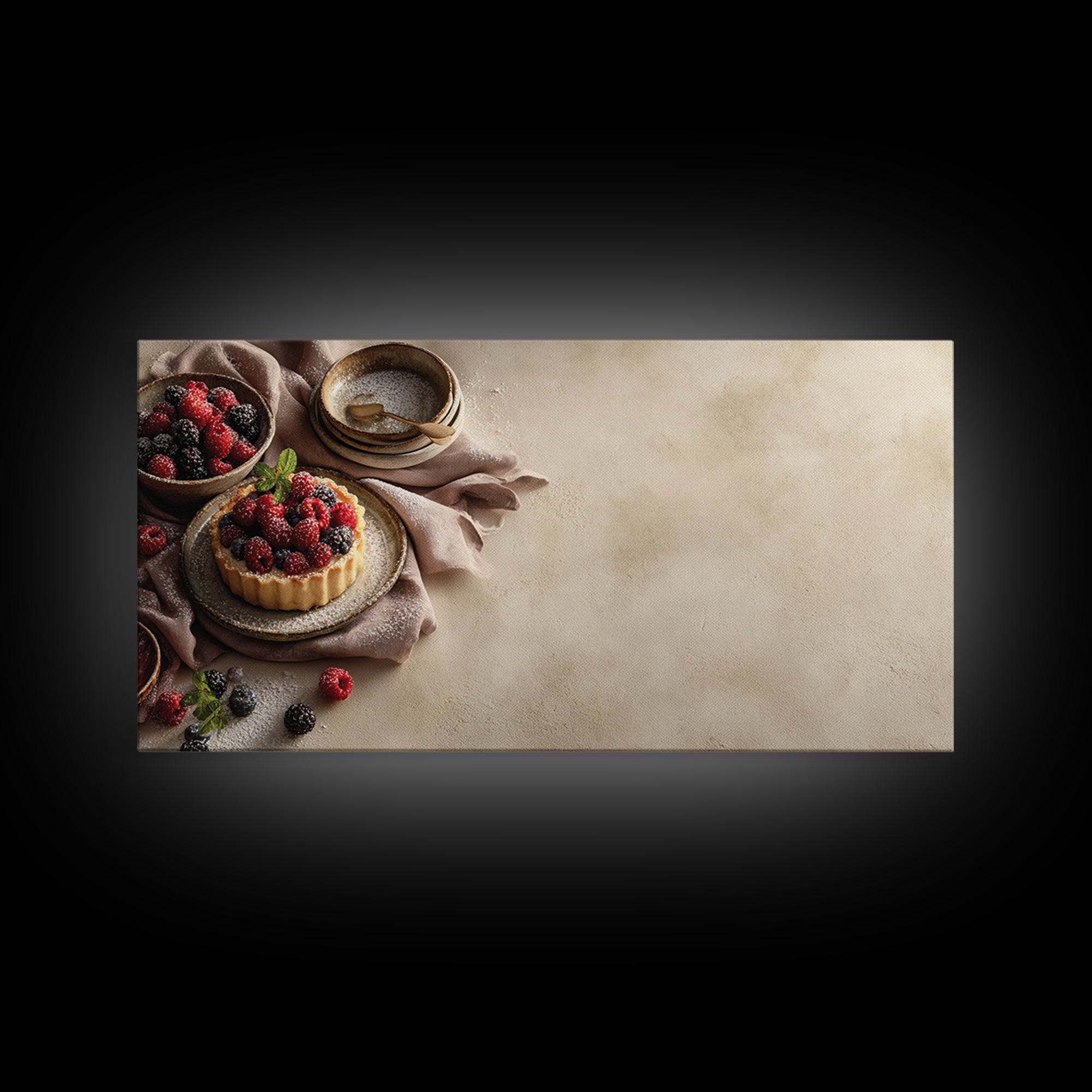 Dessert Tart with Berries and Cream Framed Canvas Print, Restaurant Art, Restaurant Decor, Oil Painting, Bistro, RES-2x1-60