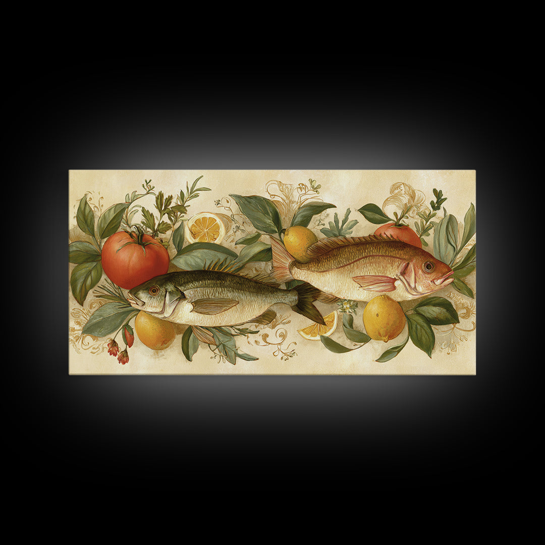 Fresh Fish with Lemon and Herbs Framed Canvas Print, Restaurant Art, Gallery Decor, Restaurant Decor, Fine Art, Bistro, RES-2x1-67