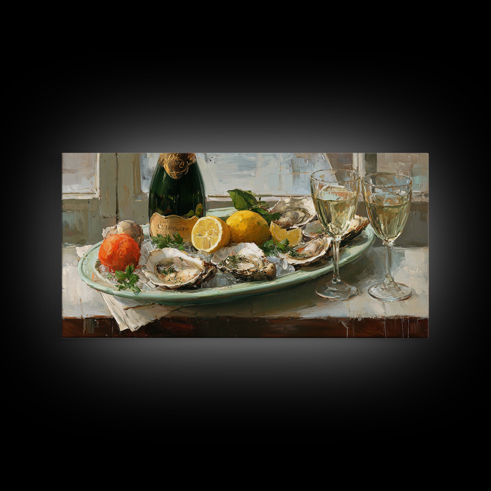 Oyster Platter with Lemons and Champagne Canvas Print, Restaurant Art, Watercolor Art, Restaurant Decor, Abstract Art, Bistro, RES-2x1-71