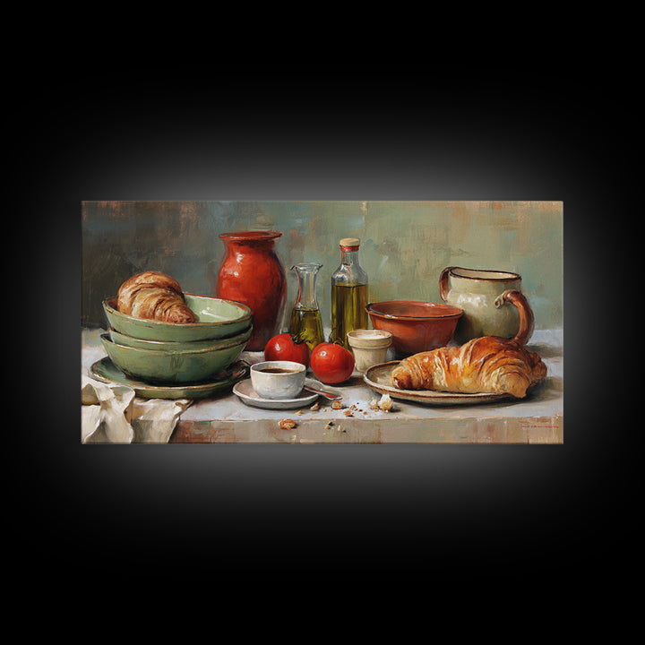 French Bistro Coffee and Croissant Still Life Canvas Print, Restaurant Art, Framed Wall Art, Restaurant Decor, Watercolor Art, RES-2x1-74