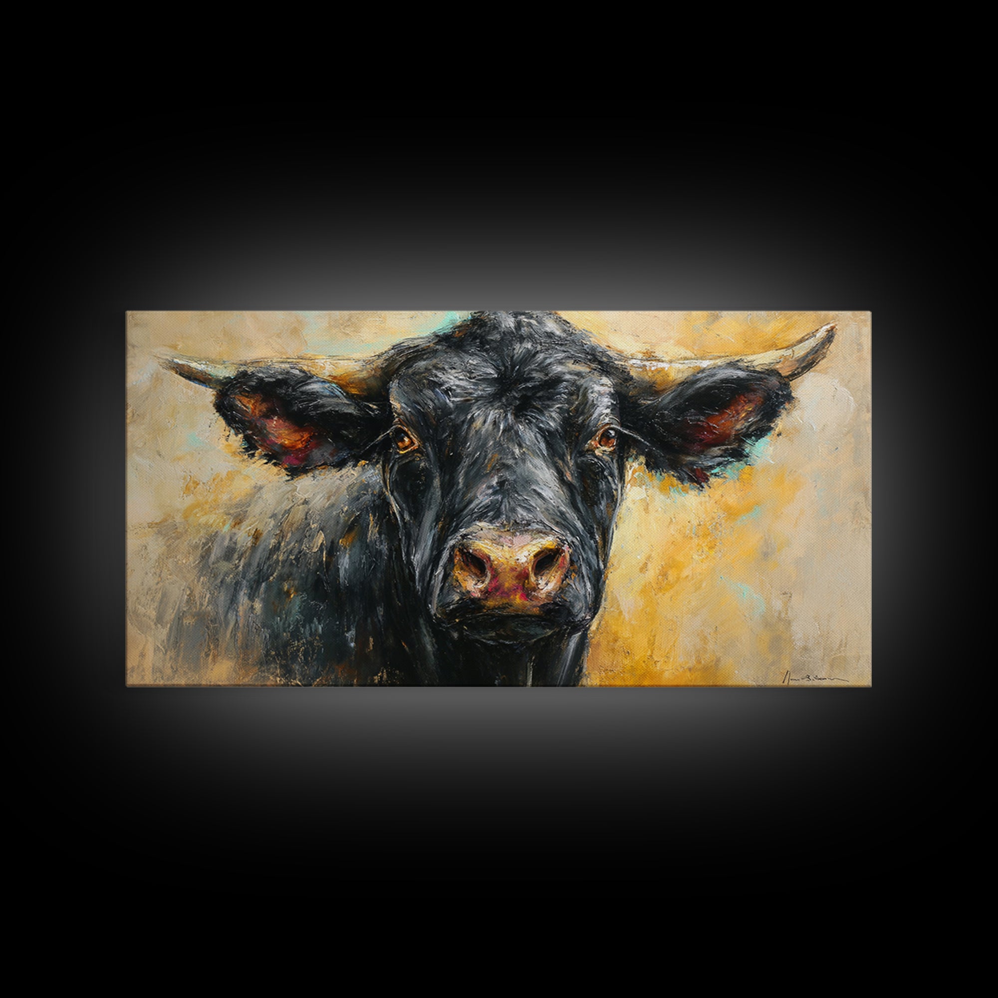 Steakhouse Black and Gold Bull Portrait Framed Canvas Print, Restaurant Art, Room Decor, Restaurant Decor, Oil Painting, Bistro, RES-2x1-75