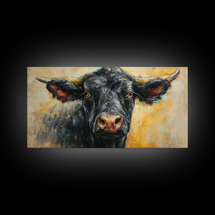Steakhouse Black and Gold Bull Portrait Framed Canvas Print, Restaurant Art, Room Decor, Restaurant Decor, Oil Painting, Bistro, RES-2x1-75