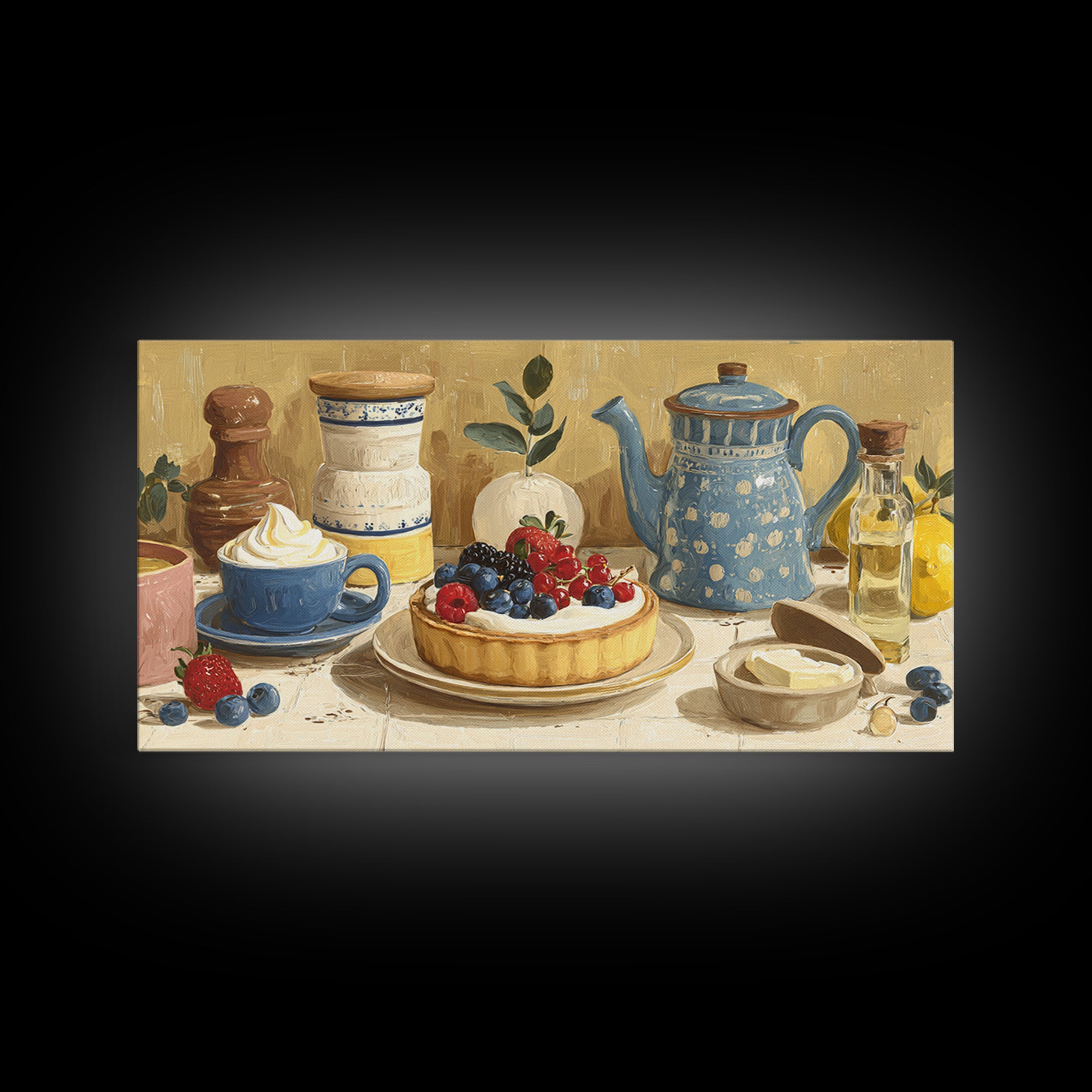 Dessert Tart with Berries and Cream Framed Canvas Print, Restaurant Art, Living Room Decor, Restaurant Decor, Fine Art, Bistro, RES-2x1-84