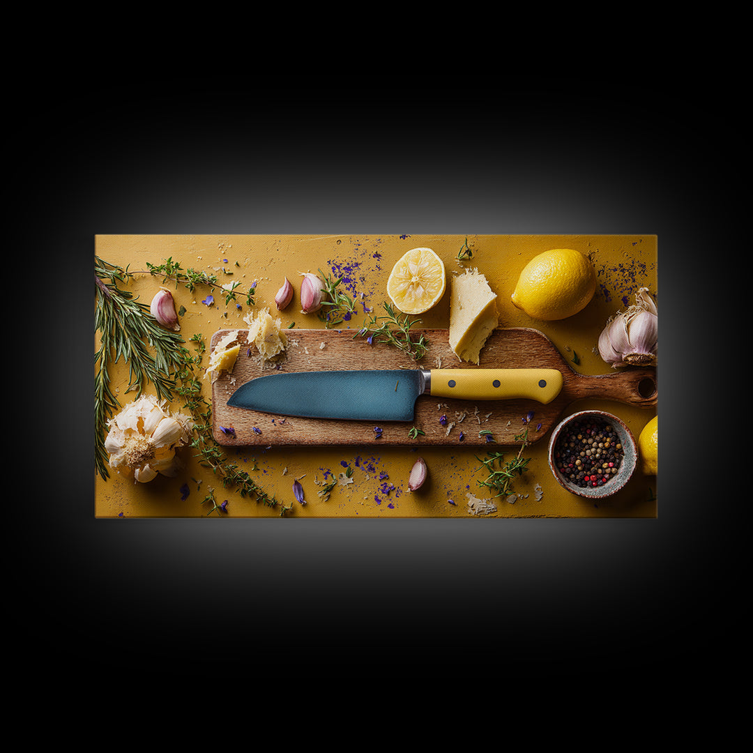 Chef Knife Herbs and Cutting Board Still Framed Canvas Print, Restaurant Art, Art Print, Restaurant Decor, Fine Art, Bistro, RES-2x1-9