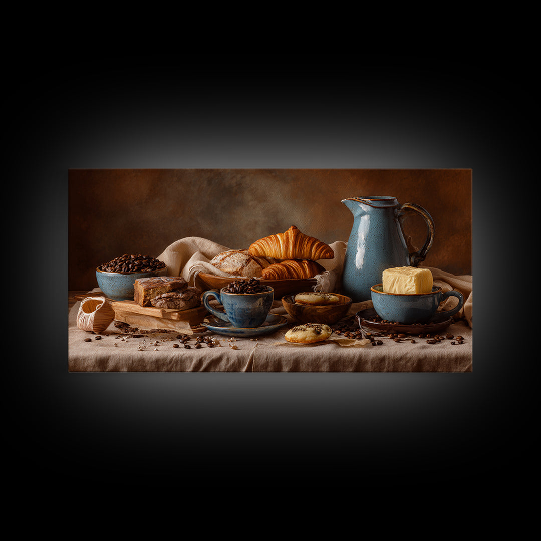 Coffee Beans and Pastry Arrangement Framed Canvas Print, Restaurant Art, Restaurant Decor, Oil Painting, Bistro, RES-2x1-90