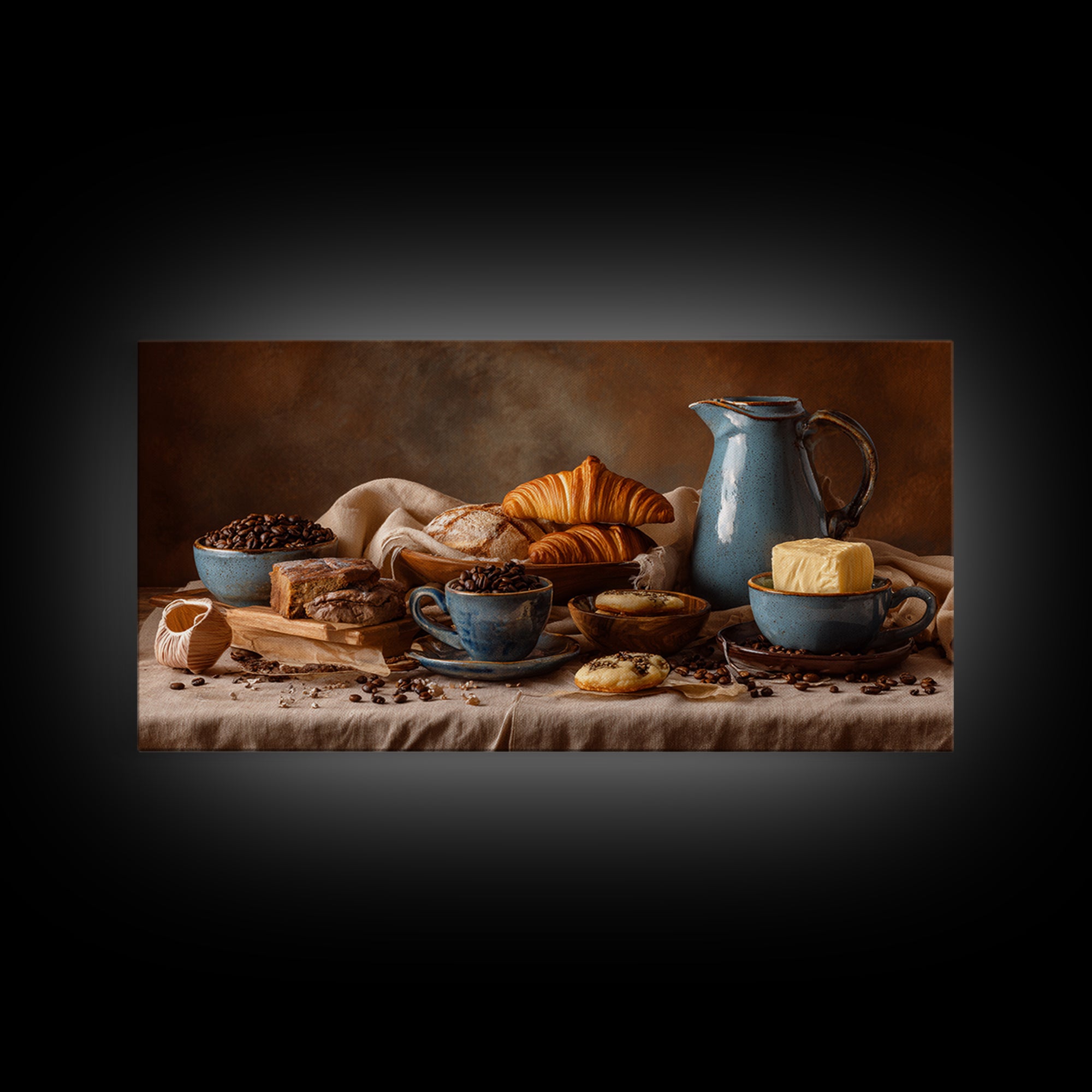 Coffee Beans and Pastry Arrangement Framed Canvas Print, Restaurant Art, Restaurant Decor, Oil Painting, Bistro, RES-2x1-90
