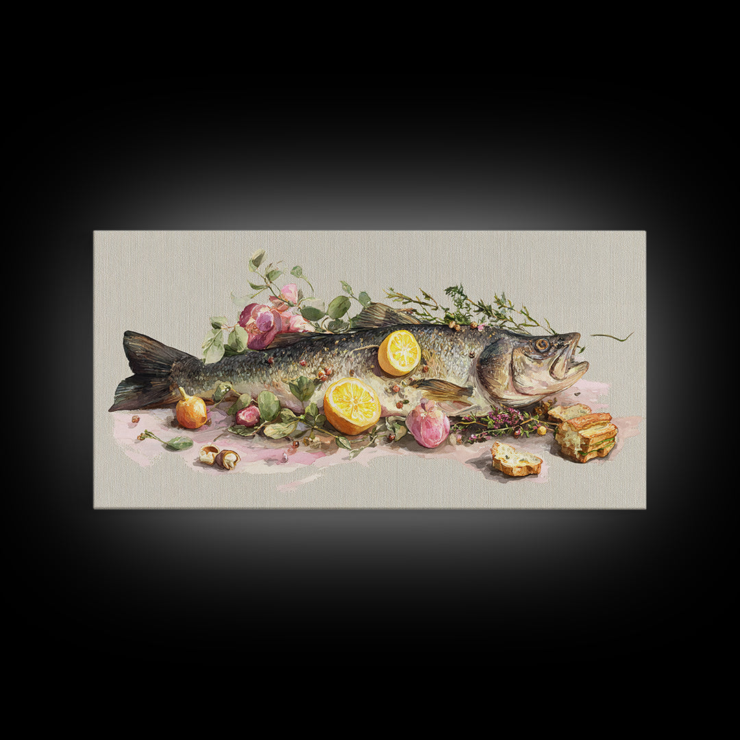Fresh Fish with Lemon and Herbs Framed Canvas Print, Restaurant Art, Kitchen Decor, Restaurant Decor, Fine Art, Bistro, RES-2x1-91