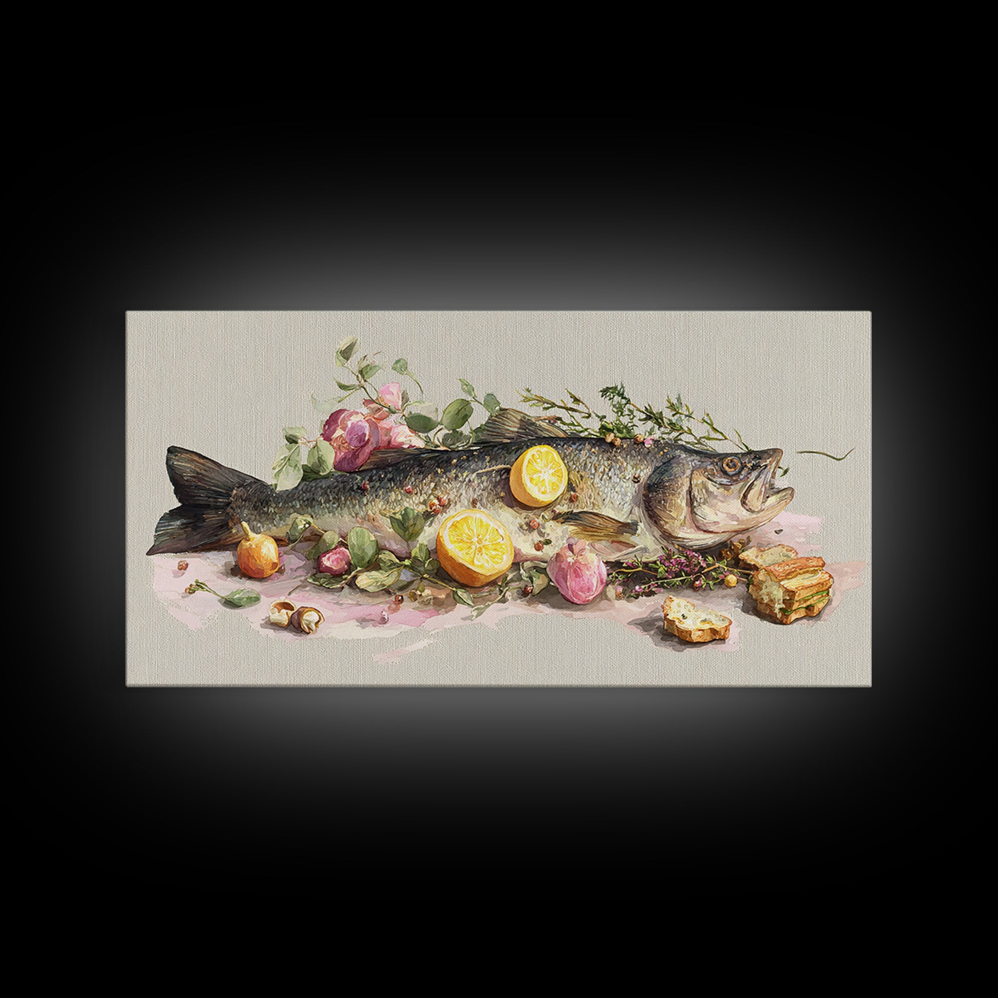 Fresh Fish with Lemon and Herbs Framed Canvas Print, Restaurant Art, Kitchen Decor, Restaurant Decor, Fine Art, Bistro, RES-2x1-91