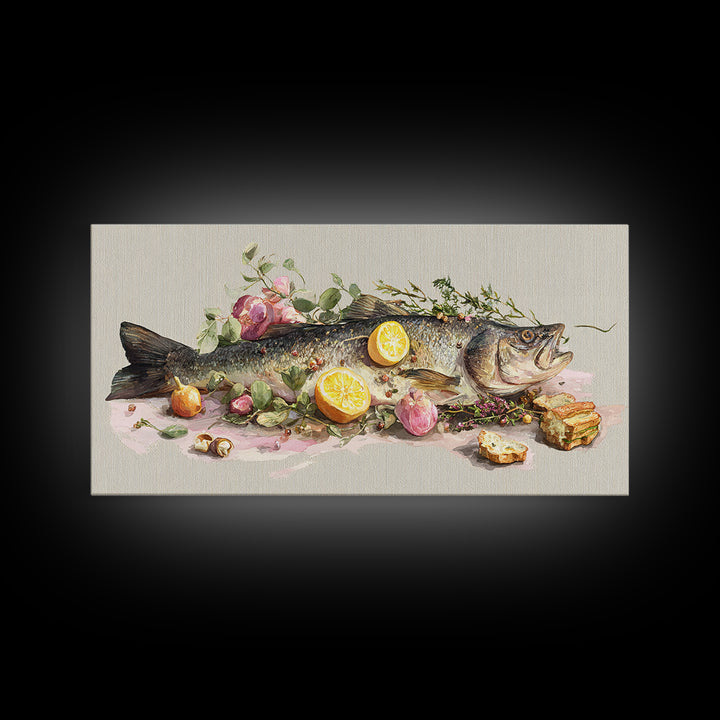 Fresh Fish with Lemon and Herbs Framed Canvas Print, Restaurant Art, Kitchen Decor, Restaurant Decor, Fine Art, Bistro, RES-2x1-91