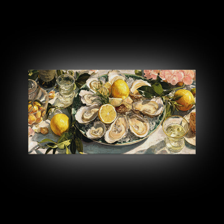 Oyster Platter with Lemons and Champagne Framed Canvas Print, Restaurant Art, Neutral Decor, Restaurant Decor, Fine Art, Bistro, RES-2x1-95