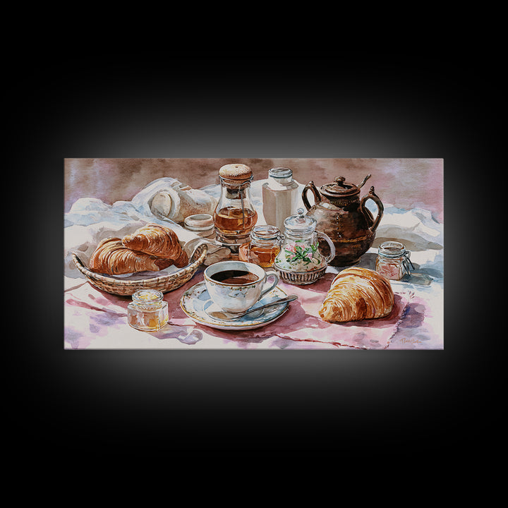 French Bistro Coffee and Croissant Still Life Canvas Print, Restaurant Art, Framed Wall Art, Restaurant Decor, Watercolor Art, RES-2x1-98