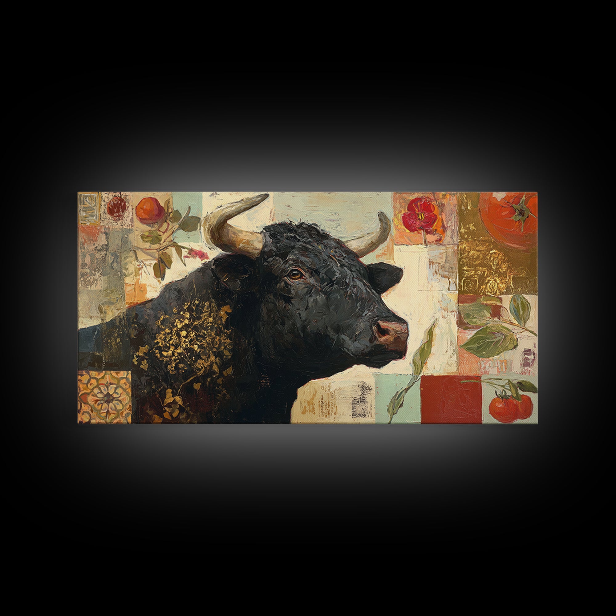 Steakhouse Black and Gold Bull Portrait Framed Canvas Print, Restaurant Art, Living Room Decor, Restaurant Decor, Bistro, RES-2x1-99