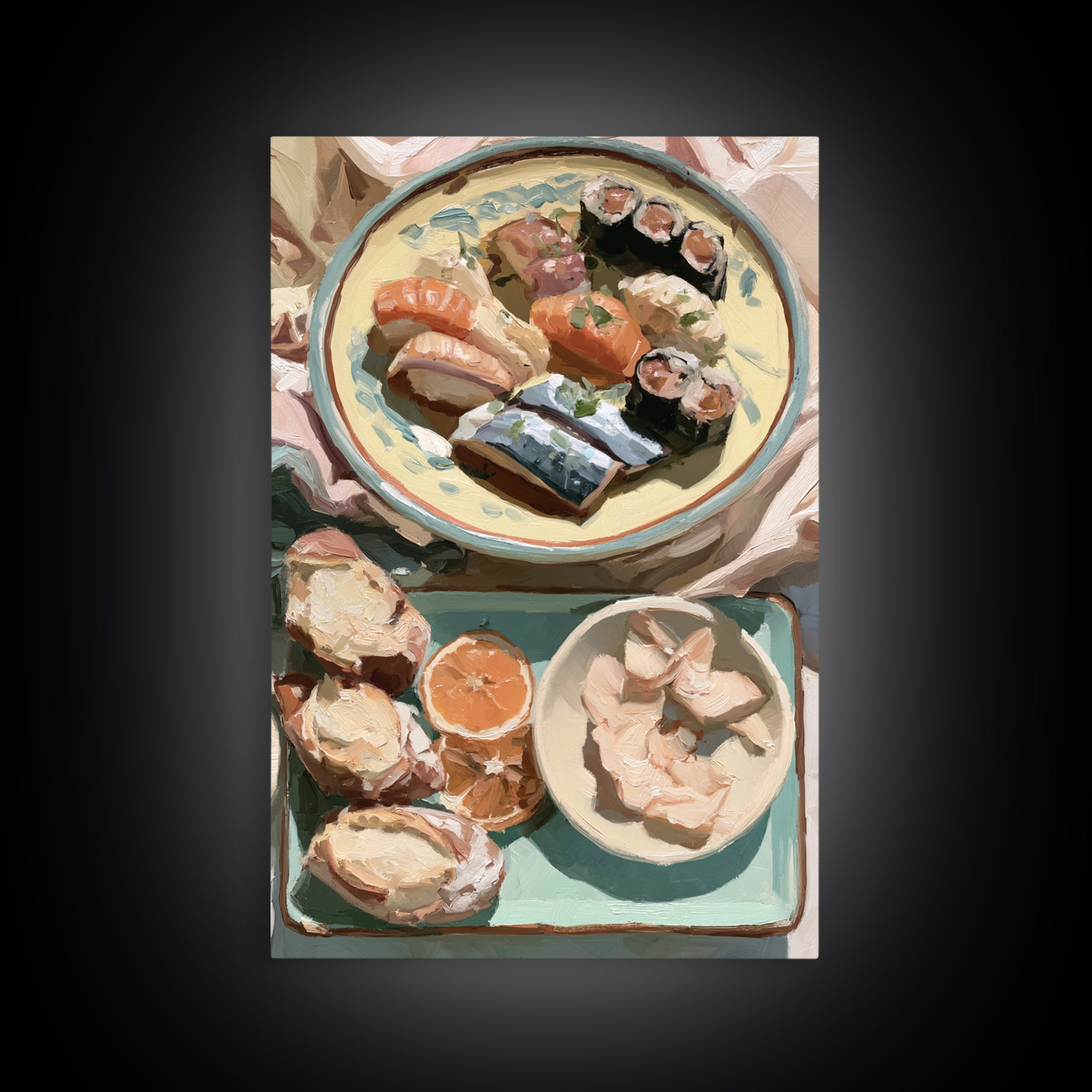 Sushi Fish and Ceramic Plate Composition Framed Canvas Print, Restaurant Art, Kitchen Decor, Restaurant Decor, Fine Art, Bistro, RES-2x3-13
