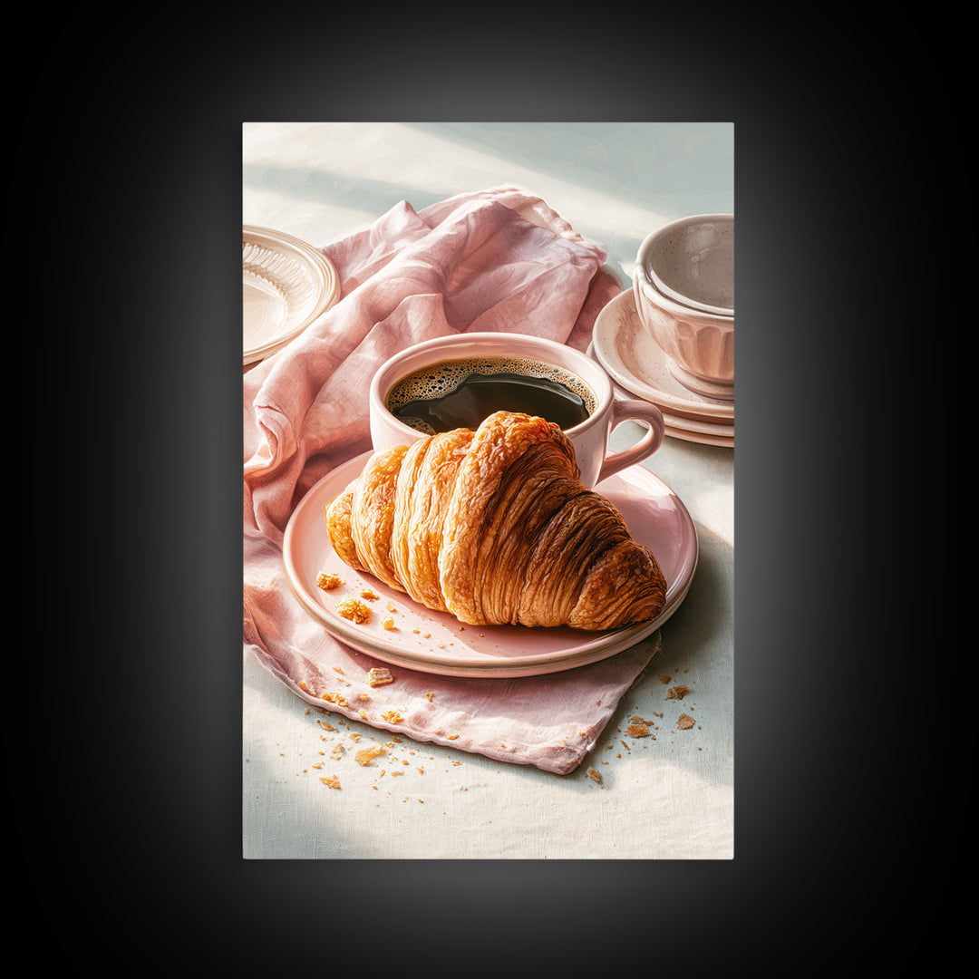 French Bistro Coffee and Croissant Still Life Canvas Print, Restaurant Art, Wall Art, Restaurant Decor, Oil Painting, Bistro, RES-2x3-14