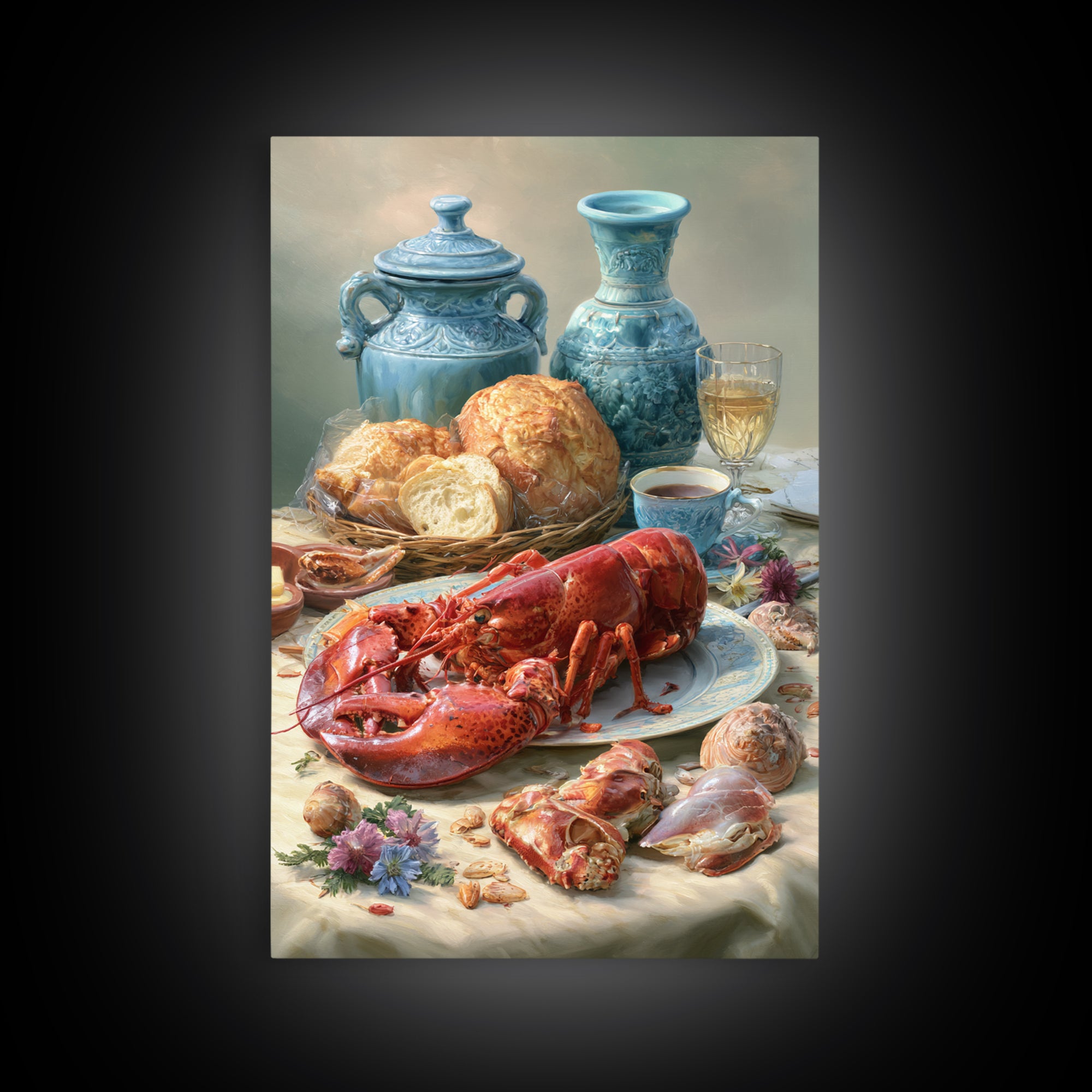 Seafood Lobster and Shell Arrangement Canvas Print, Restaurant Art, Gallery Decor, Restaurant Decor, Fine Art, Bistro, RES-2x3-16