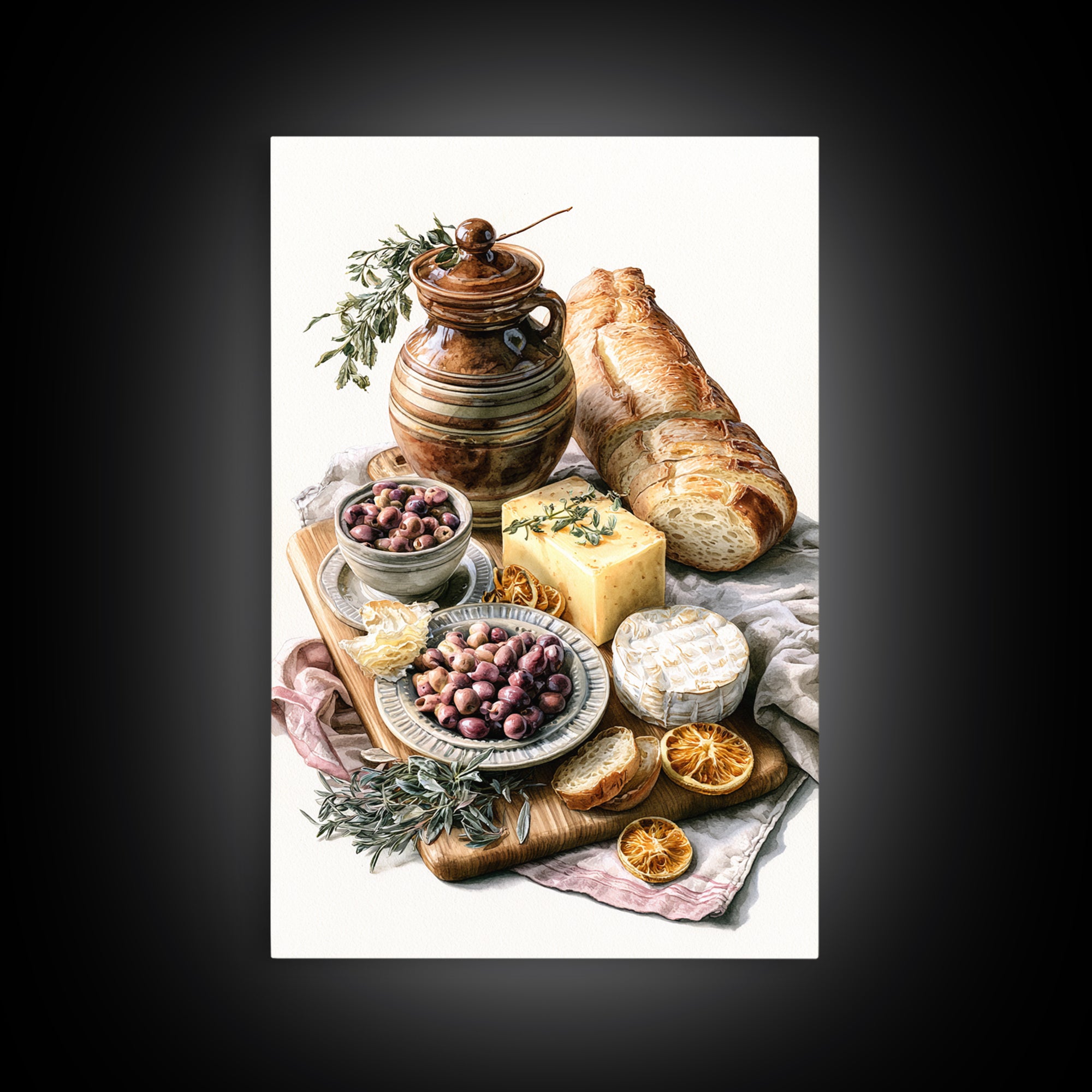 Mediterranean Olives Bread and Cheese Board Canvas Print, Restaurant Art, Kitchen Wall Art, Restaurant Decor, Bistro, RES-2x3-17