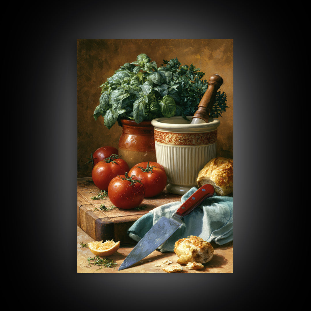 Chef Knife Herbs and Cutting Board Still Framed Canvas Print, Restaurant Art, Restaurant Decor, Oil Painting, Bistro, RES-2x3-21