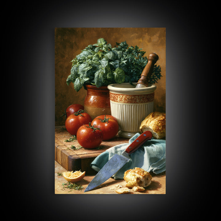 Chef Knife Herbs and Cutting Board Still Framed Canvas Print, Restaurant Art, Restaurant Decor, Oil Painting, Bistro, RES-2x3-21