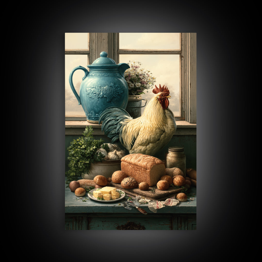 Rooster and Herbs for Farmhouse Restaurant Mood Framed Canvas Print, Restaurant Art, Canvas Print, Restaurant Decor, Bistro, RES-2x3-28
