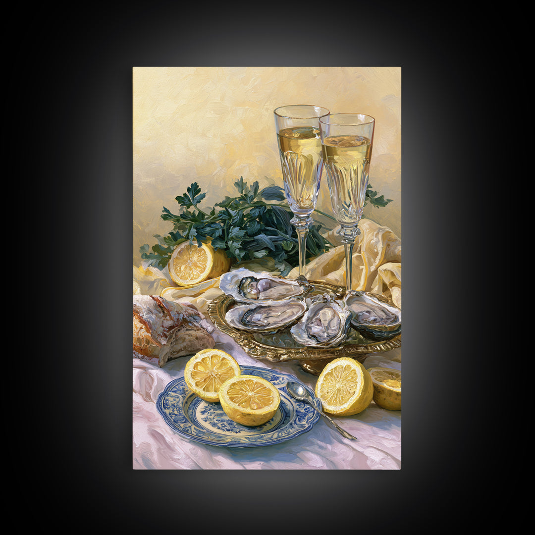 Oyster Platter with Lemons and Champagne Canvas Print, Restaurant Art, Framed Wall Art, Restaurant Decor, Watercolor Art, RES-2x3-35