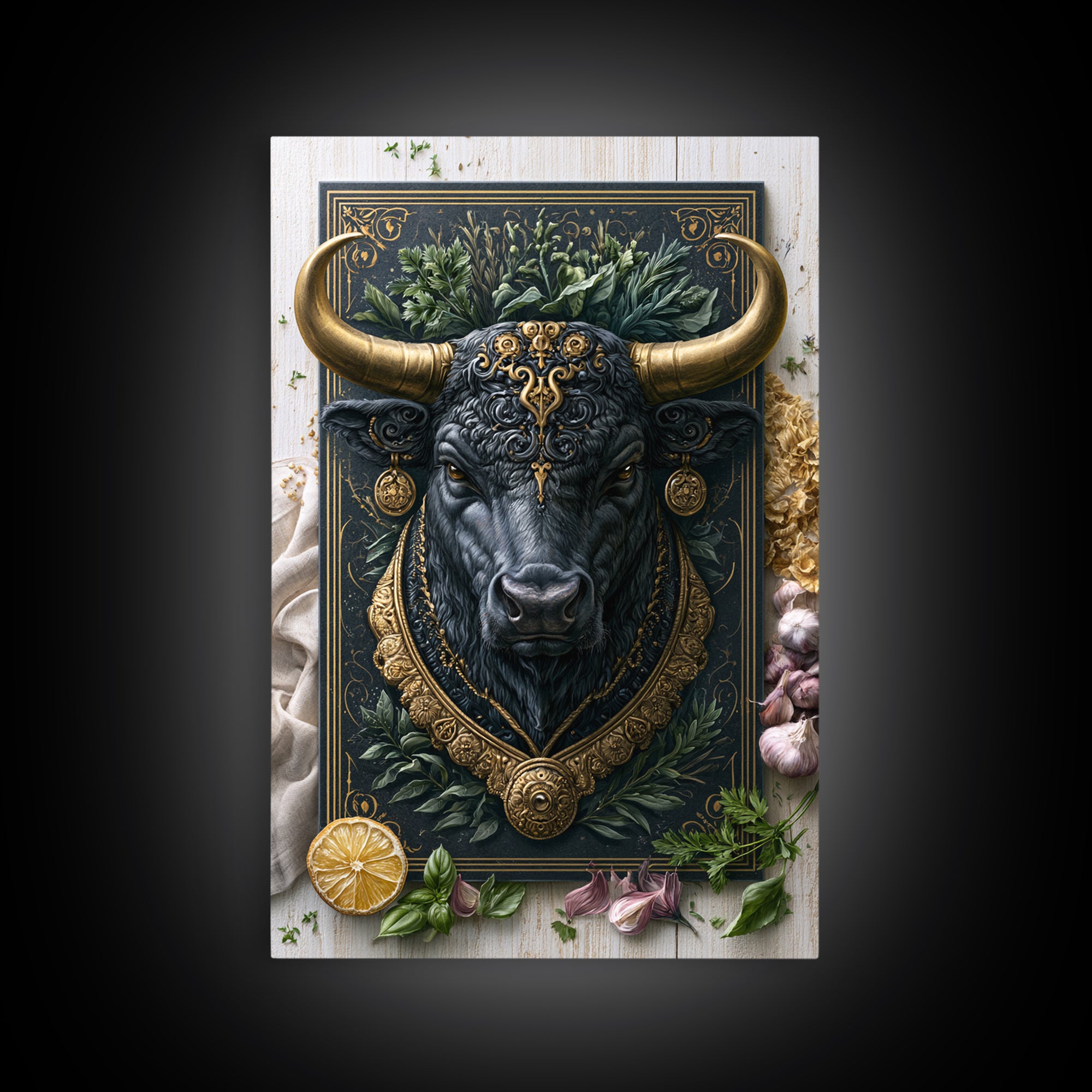 Steakhouse Black and Gold Bull Portrait Canvas Print, Restaurant Art, Canvas Wall Art, Restaurant Decor, Oil Painting, Bistro, RES-2x3-39