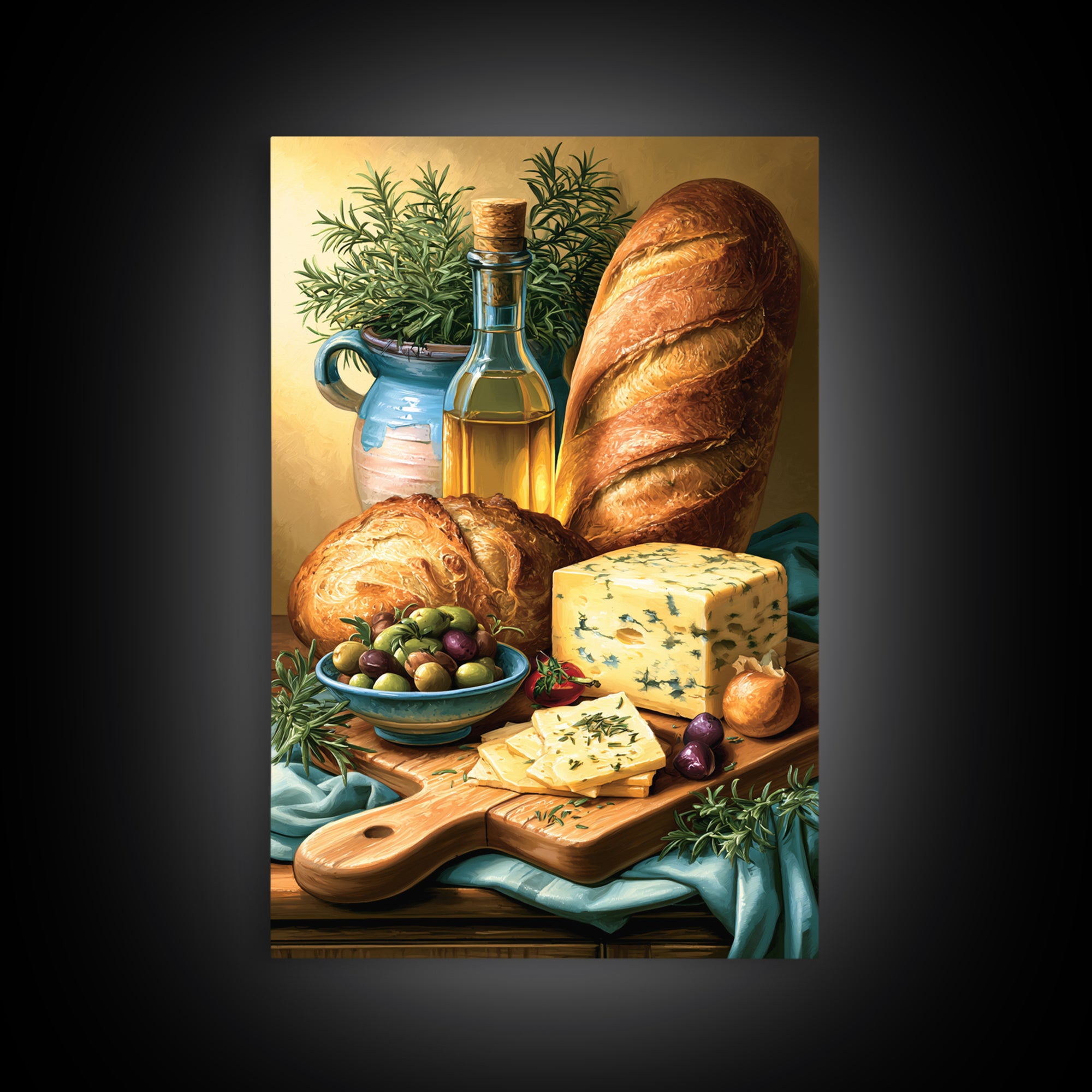 Mediterranean Olives Bread and Cheese Board Canvas Print, Restaurant Art, Kitchen Wall Art, Restaurant Decor, Bistro, RES-2x3-41
