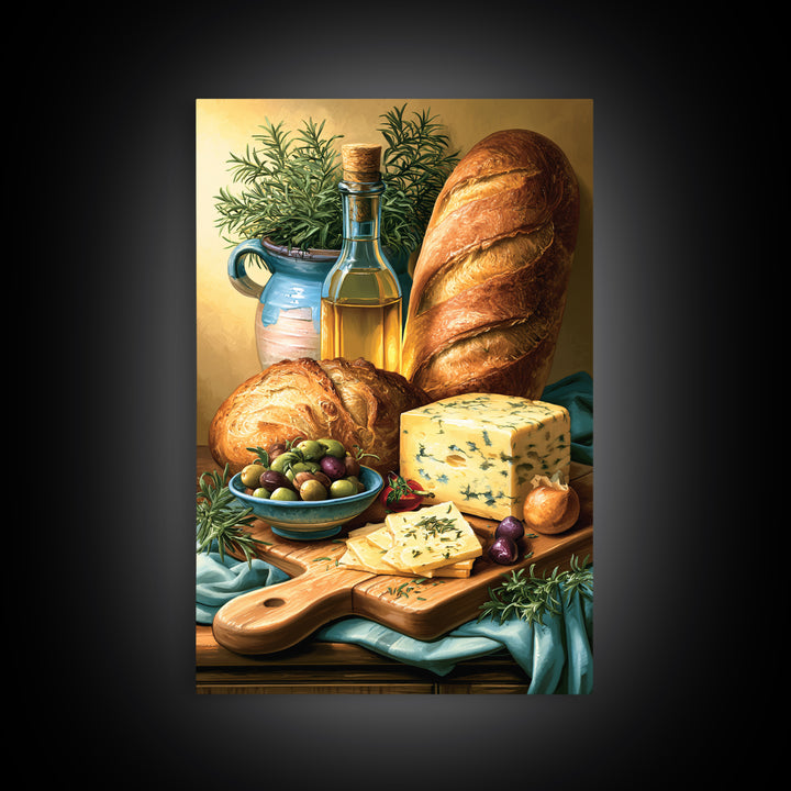 Mediterranean Olives Bread and Cheese Board Canvas Print, Restaurant Art, Kitchen Wall Art, Restaurant Decor, Bistro, RES-2x3-41