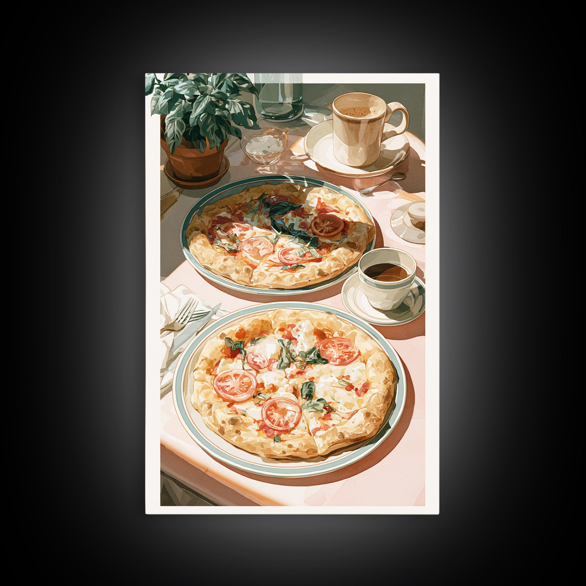 Pizzeria Tomato Basil and Mozzarella Still Life Canvas Print, Restaurant Art, Restaurant Decor, Bistro, Watercolor Painting, RES-2x3-42