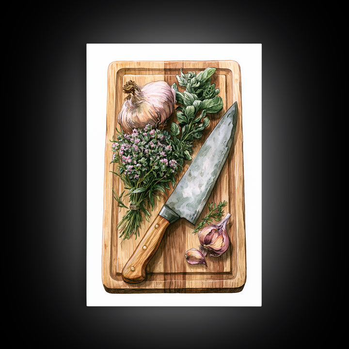 Chef Knife Herbs and Cutting Board Still Canvas Print, Restaurant Art, Digital Print, Restaurant Decor, Fine Art, Bistro, RES-2x3-45