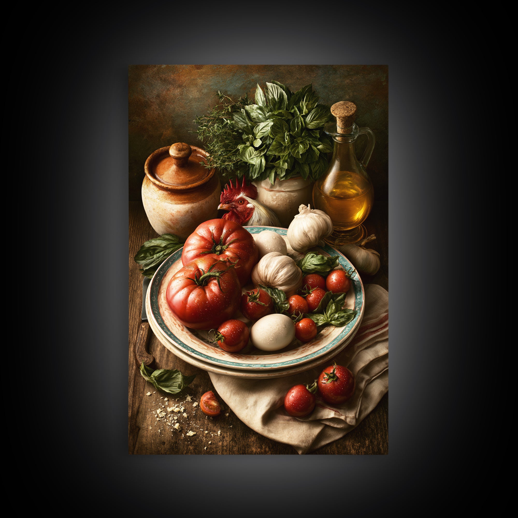 Rooster and Herbs for Farmhouse Restaurant Mood Framed Canvas Print, Restaurant Art, Poster, Restaurant Decor, Fine Art, Bistro, RES-2x3-52