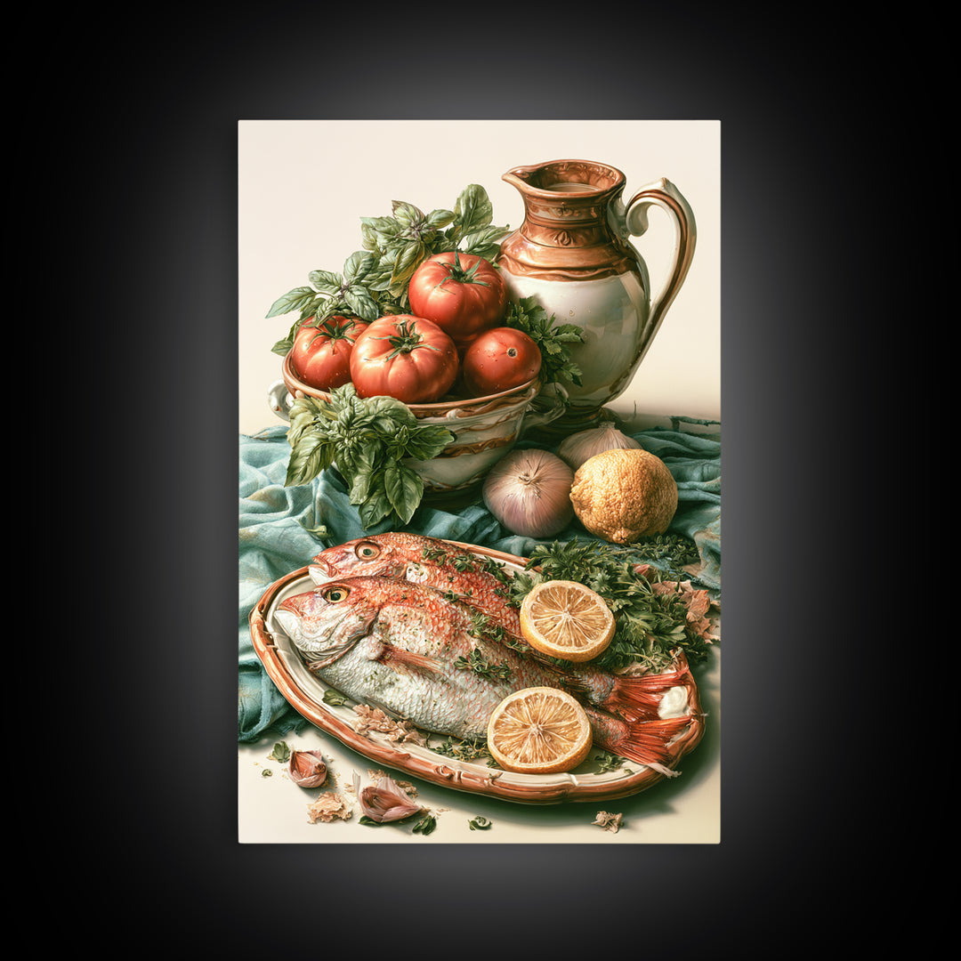 Fresh Fish with Lemon and Herbs Framed Canvas Print, Restaurant Art, Large Wall Art, Restaurant Decor, Fine Art, Bistro, RES-2x3-55
