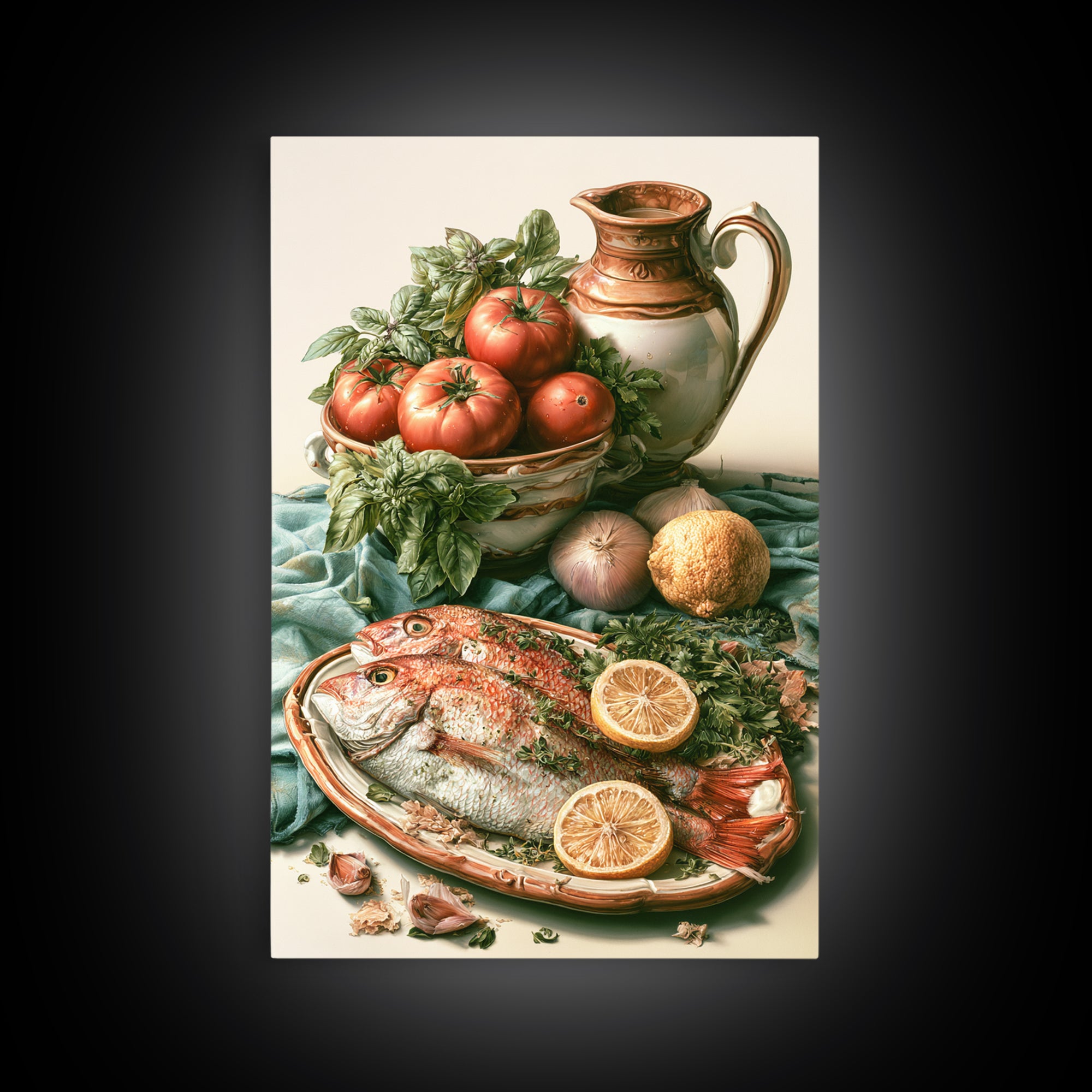 Fresh Fish with Lemon and Herbs Framed Canvas Print, Restaurant Art, Large Wall Art, Restaurant Decor, Fine Art, Bistro, RES-2x3-55